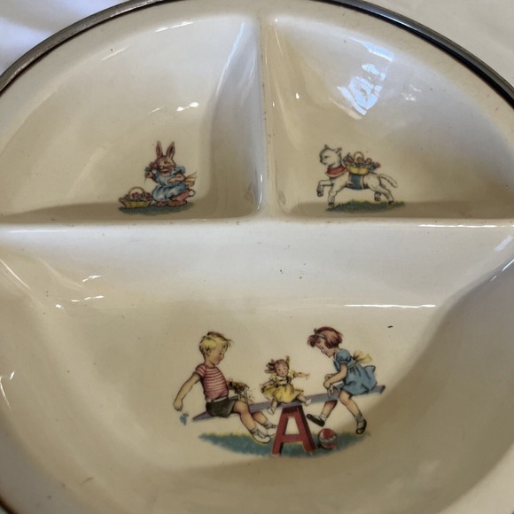 VTG  German Childs Porcelain Warming‎ Feeding Dish W/ Plug Handles 7 1/4" - Picture 2 of 7